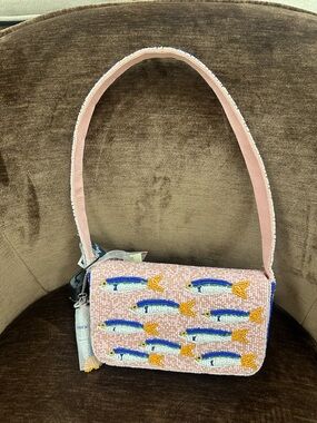 Marshalls Pink Beaded Shoulder Bag with Blue and Yellow Fish Motif